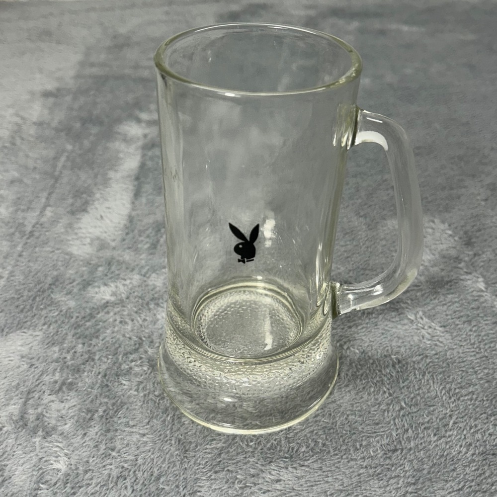 Vintage Playboy Clear Glass Beer Mug Black Bunny Logo Weighted Base 6.25in
